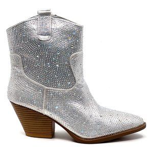 Silver Rhinestone Block Chunky Heel Ankle Boots Bootie - sz. 10